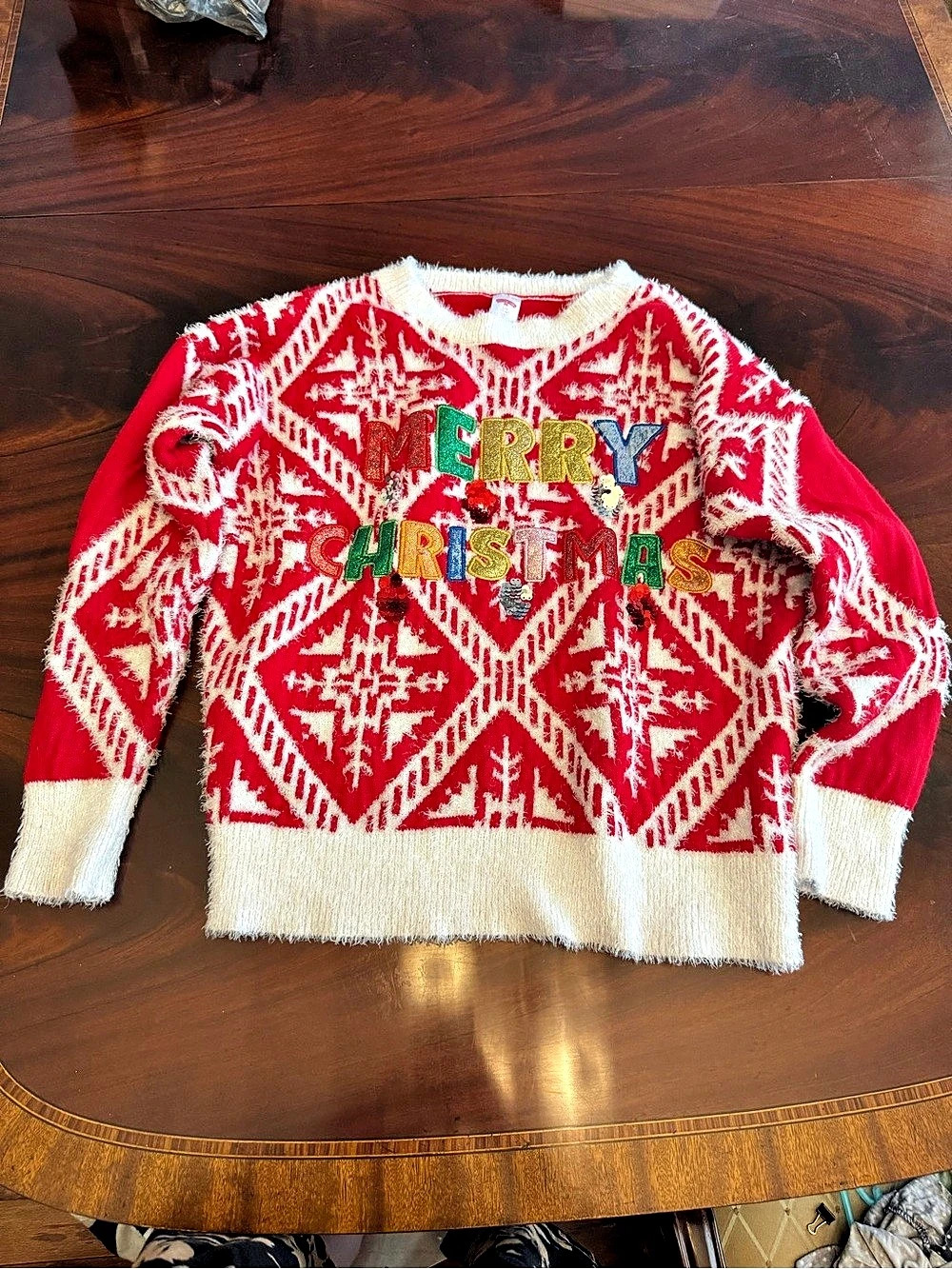 Holiday Time Girls Geometric Holiday Sweater Red & Cream Large